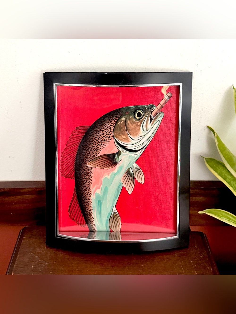 Trout Fish Smoking a Cigarette Vintage Style Canvas Wall Art Print Black Framed